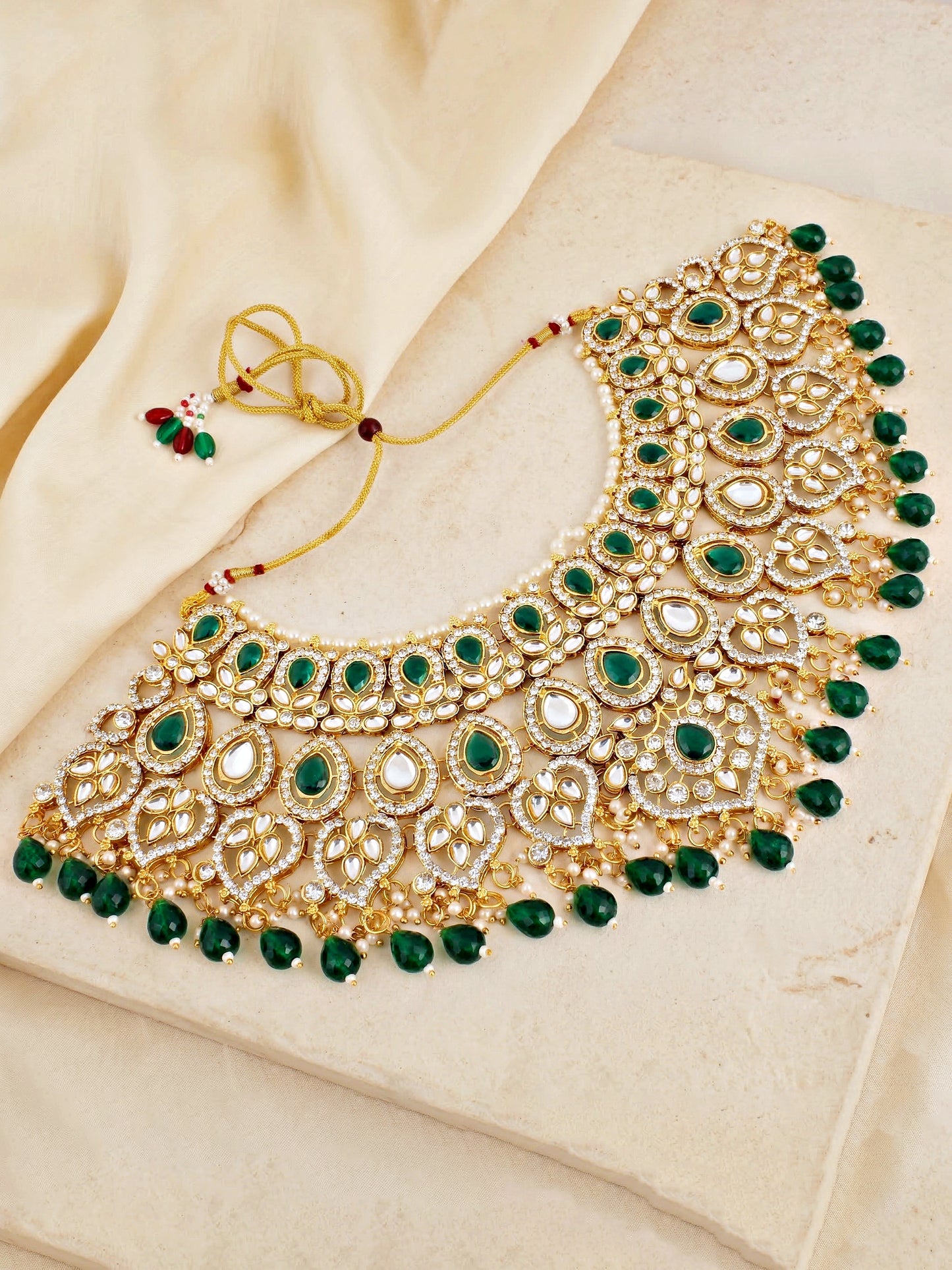 Bridal AD Green Stone Heavy Choker Jewellery Set with Jhumka & Nath (3300-M8ZK-1102-G)