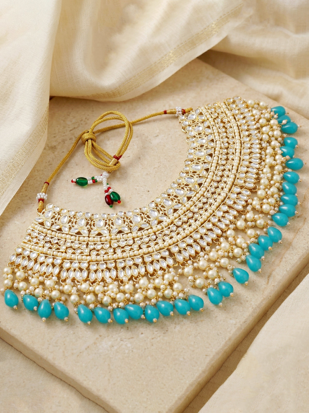 Gold Plated Kundan & Pearl Firozi Stone Bridal Choker Jewellery Set with Maang Tikka (1683-ISK-855-F)