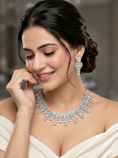 Silver-Tone Turquoise Stone & American Diamond Necklace Set with Earrings for Women – Office, Party & Function Wear (1717-K4SA-2242-MNT-S)