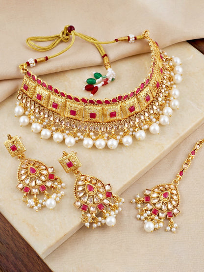 Lucky Jewellery Gold-Plated Ruby Color Choker Necklace Set (866-G2SR-006-R)