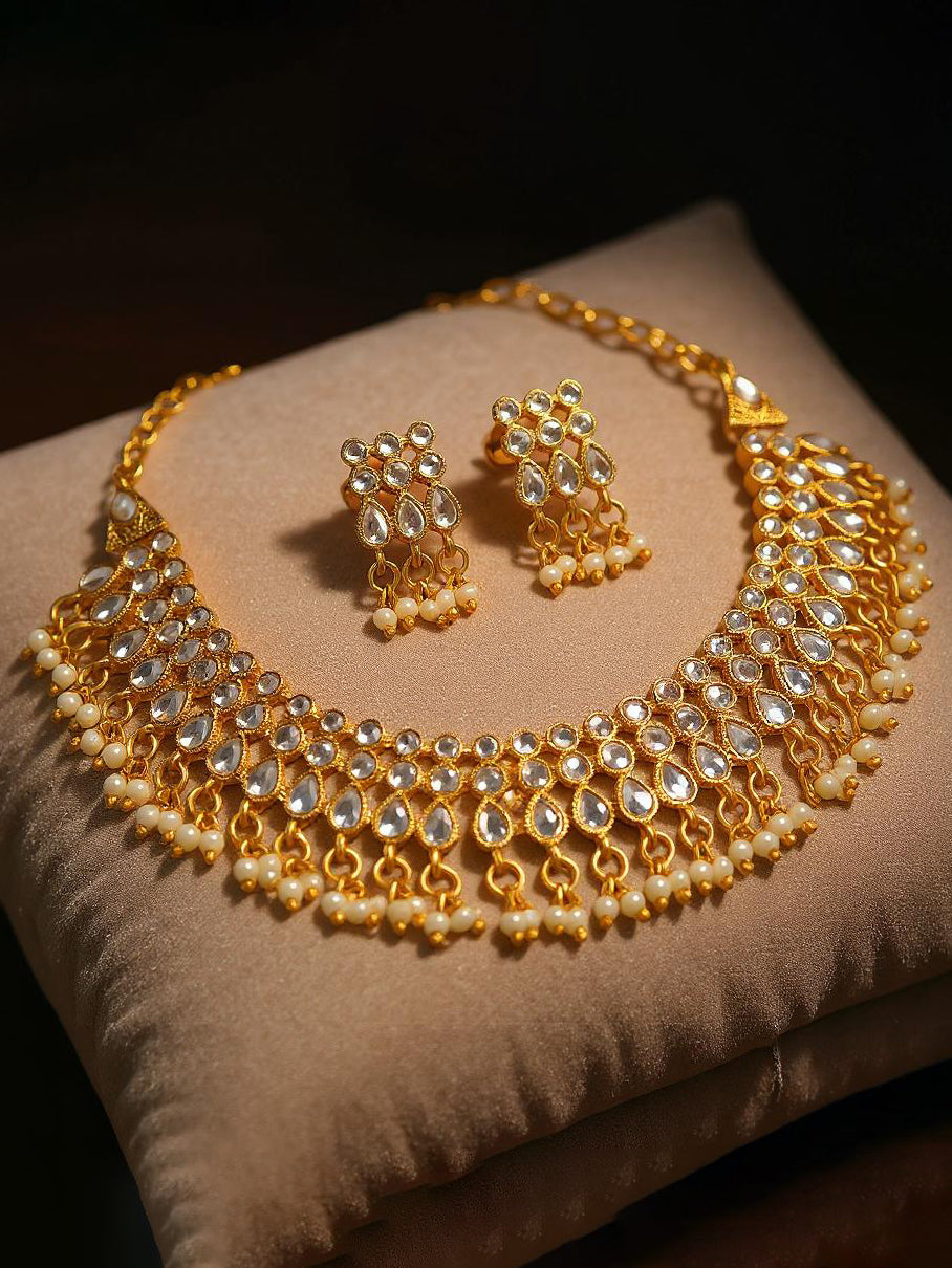 Gold Plated Beaded Choker Necklace Set with Earrings for Women and Girls