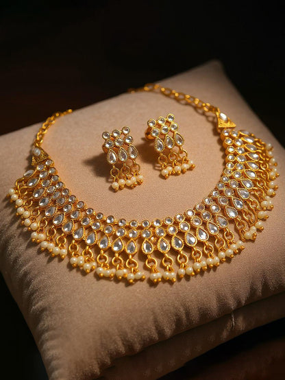 Gold Plated Beaded Choker Necklace Set with Earrings for Women and Girls