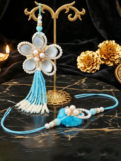 Set of 2 Traditional Blue Rakhi and Lumba Set with White Beads | Rakhi for Brother and Bhabhi (168-S7R1-PJ6201-F)