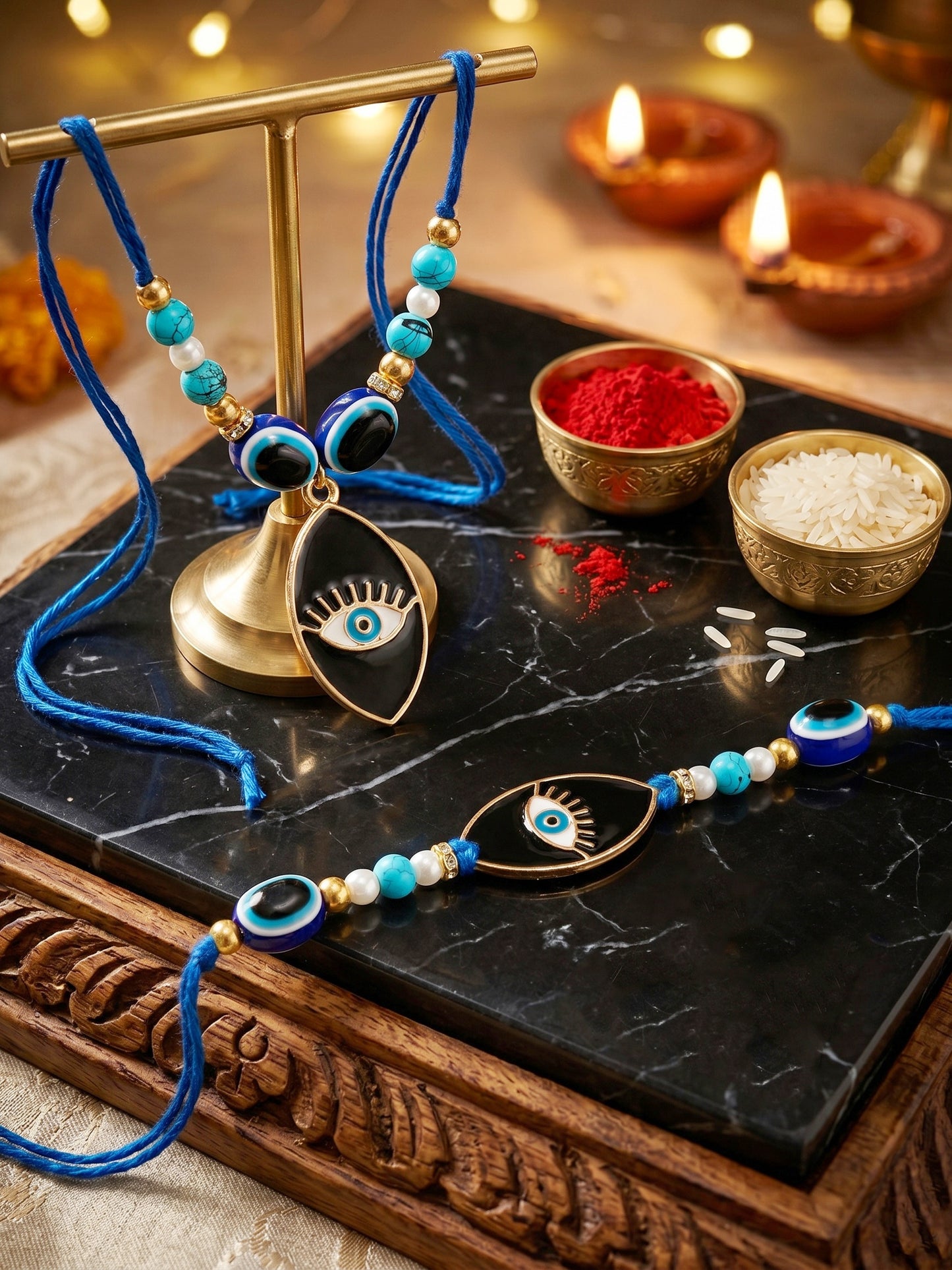 Set of 2 Bhaiya Bhabhi Rakhi Set with Small Evil Eye Pendant, Turquoise & Black Beads, Roli Chawal (194-CHCR1-1984-S-2-2026)