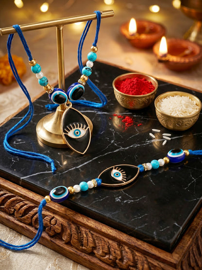 Set of 2 Bhaiya Bhabhi Rakhi Set with Small Evil Eye Pendant, Turquoise & Black Beads, Roli Chawal (194-CHCR1-1984-S-2-2026)