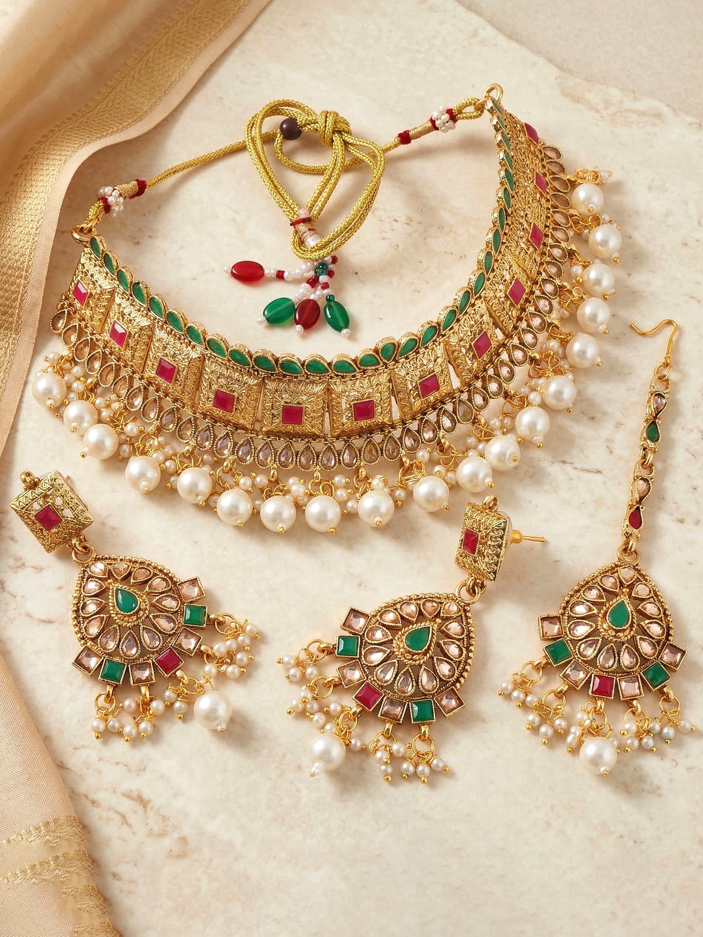 Lucky Jewellery Gold-Plated Ruby & Green Color Choker Necklace Set (866-G2SR-006-RG)