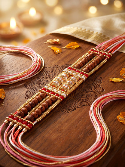 Designer Broad Bracelet Rakhi for Brother with Roli Chawal & Card | Multistrand Rudraksha Style Set (94-S7R1-EA3602)