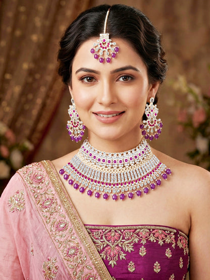 Rose Gold Plated AD Purple Stone & Pearl Bridal Choker Jewellery Set with Maang Tikka (974-B5SP-007-P)
