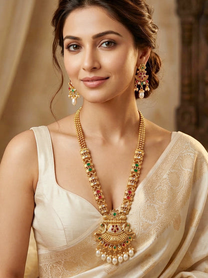 Lucky Jewellery Gold-Plated Ruby & Green Color Long Necklace Set (750-G2SR-206-RG)