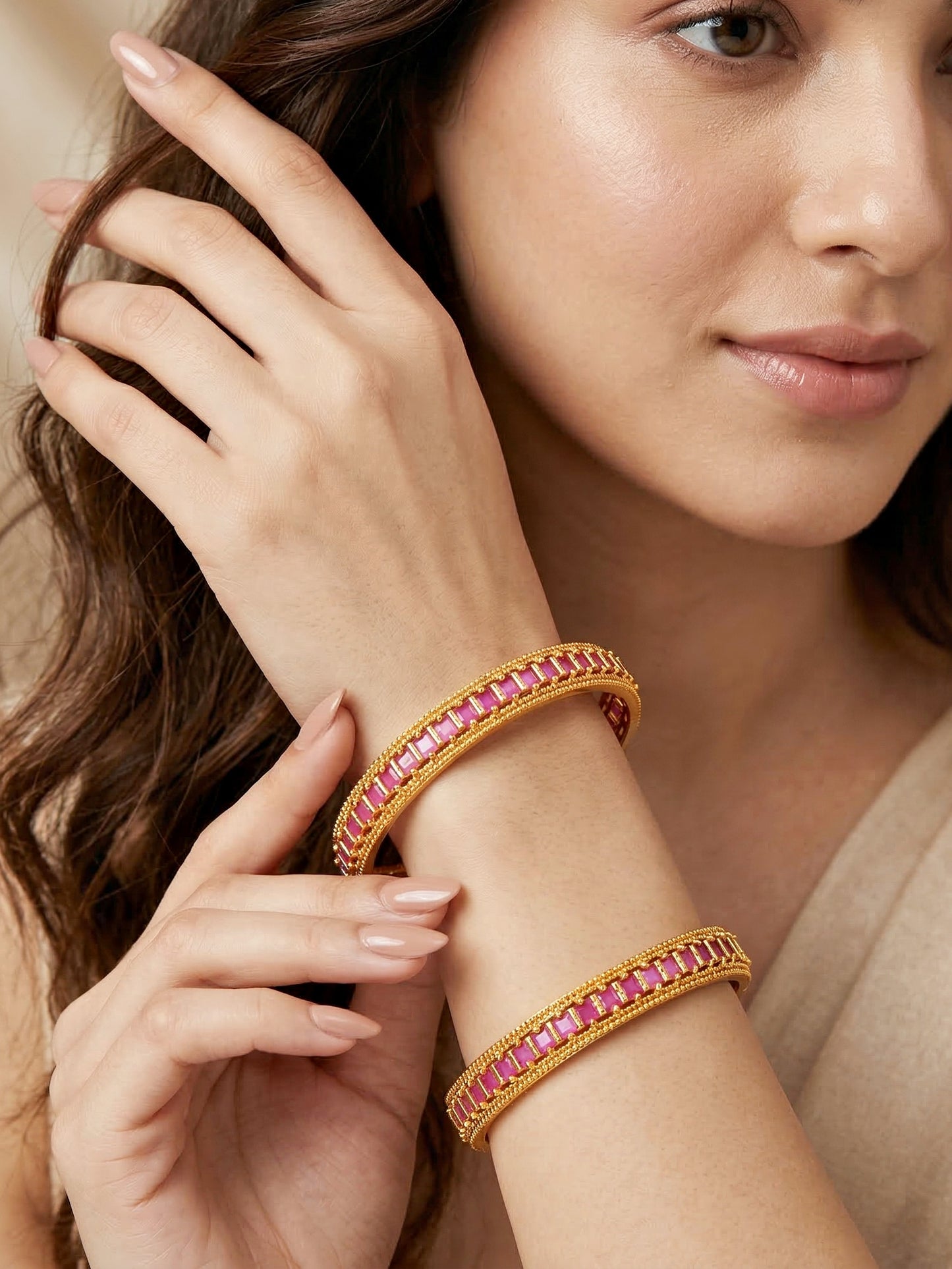 Gold-Plated Temple Magenta Stone Bangle (945-C1BG-2212-2)