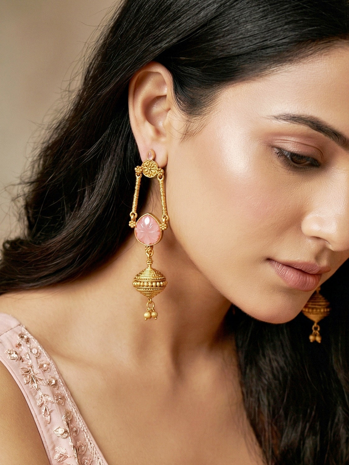 Oxidised Gold Pink Stone Long Dangler Earrings For Girls & Women (370-KEG-13541-PK)