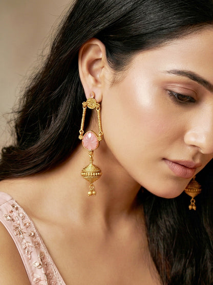 Oxidised Gold Pink Stone Long Dangler Earrings For Girls & Women (370-KEG-13541-PK)