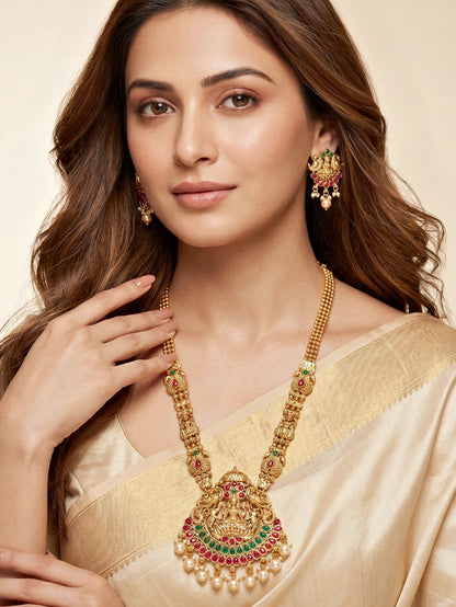 Lucky Jewellery Gold-Plated Laxmi Idol Temple Ruby & Green Color Necklace Set (660-G2SR-202-RG)