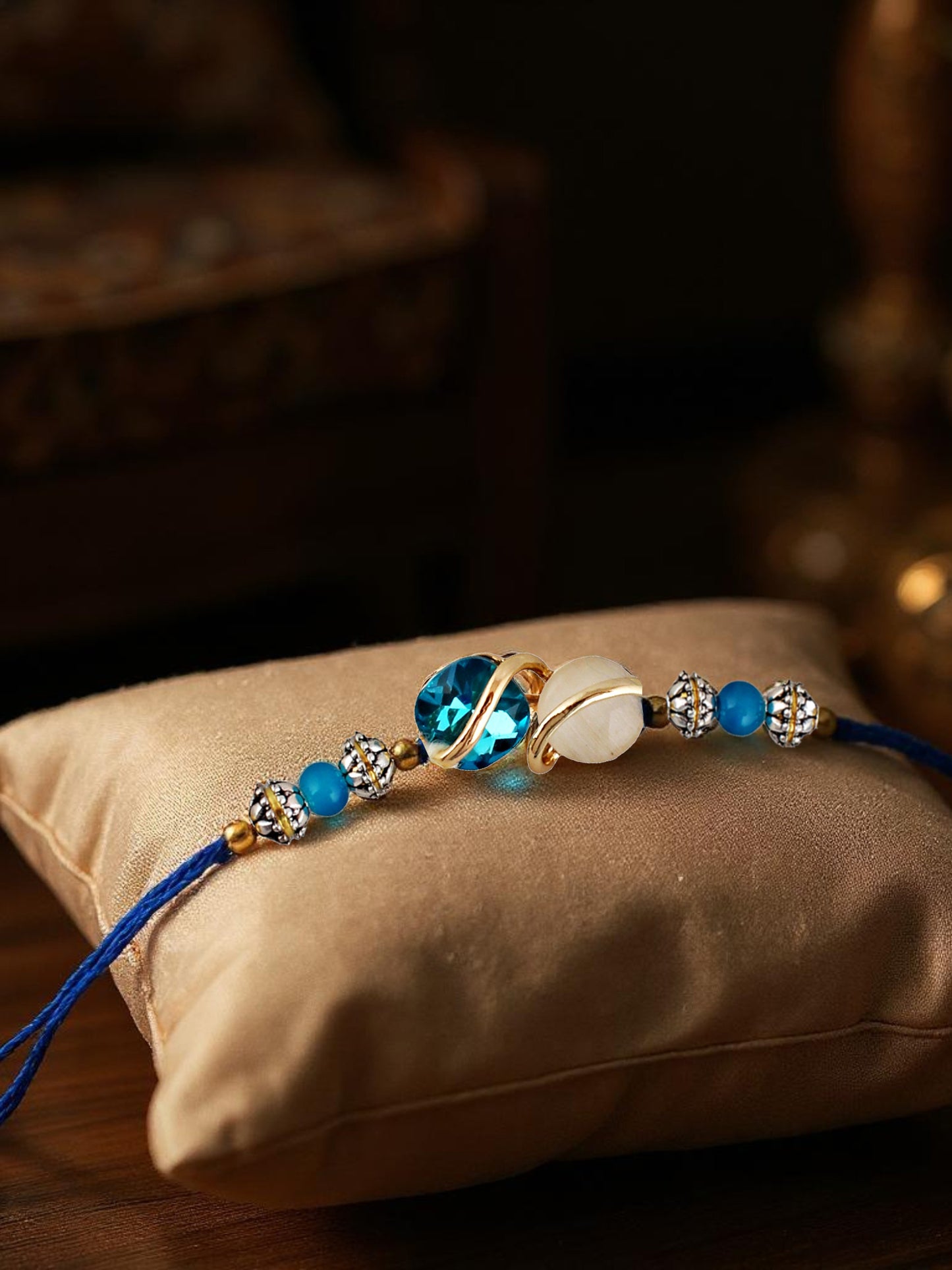 Lucky Jewellery Designer Gold Plated Blue Color Stone Rakhi - Rakshabandhan Rakhee Bracelet for Brother Bhaiya Bhai Bhabhi - Pack of 3 (300-CHR1-1002A-3)