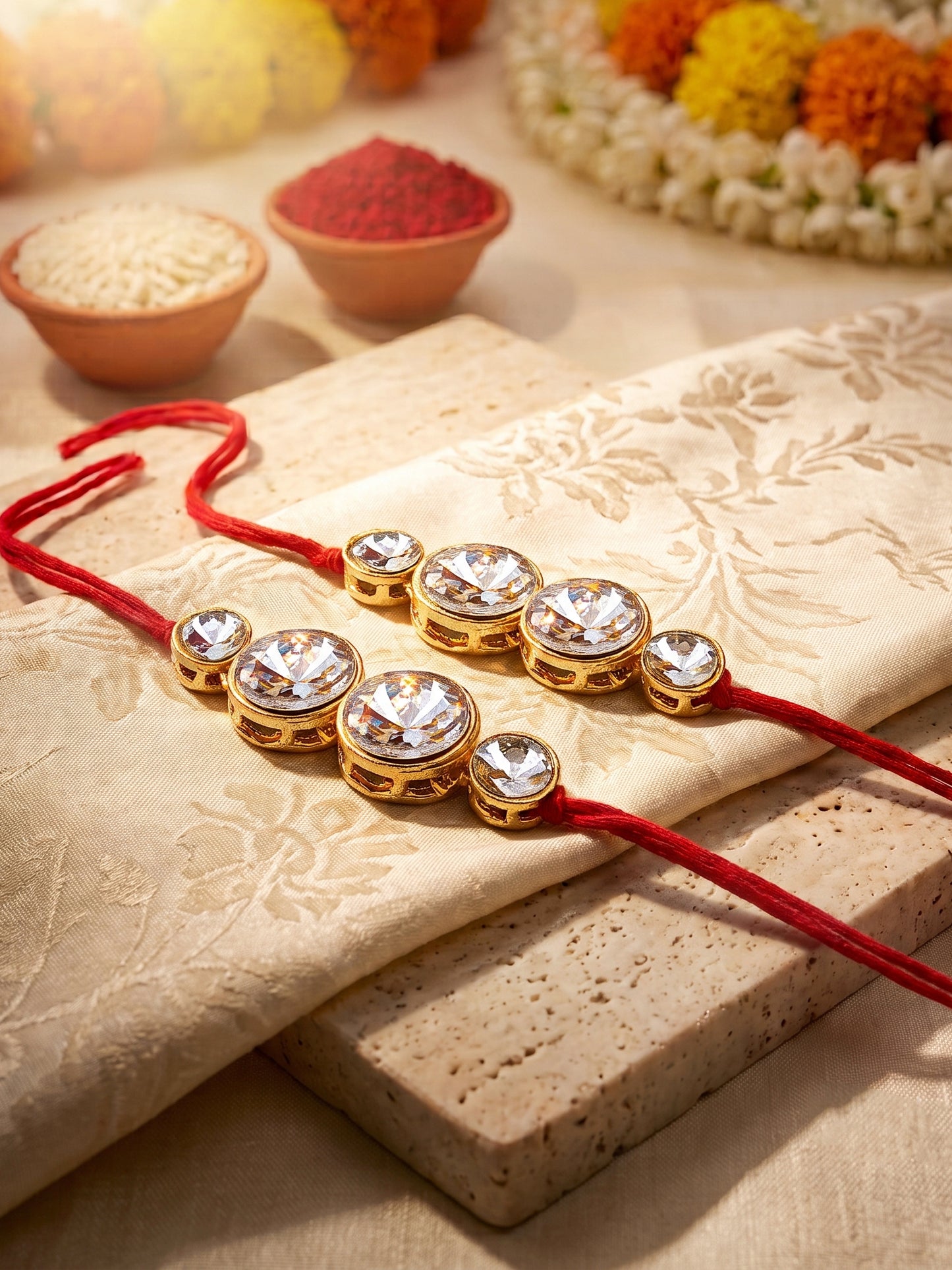 LUCKY JEWELLERY Traditional Rakhi for Brother/Bhaiya – Gold Plated Red Thread Rakshabandhan Rakhie White Stones for Bhai/Bhabhi (Pack of 2) – Fancy Rakhee Bracelet Rakshasutra (152-L1R1-10A-W-2-2026)