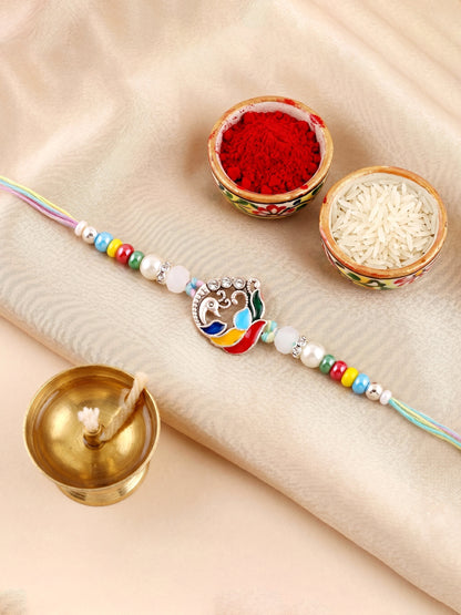 Traditional Silver-Tone Meenakari Peacock Beaded Rakhi For Brother With Roli Chawal & Card (102-S5R1-AR2786)