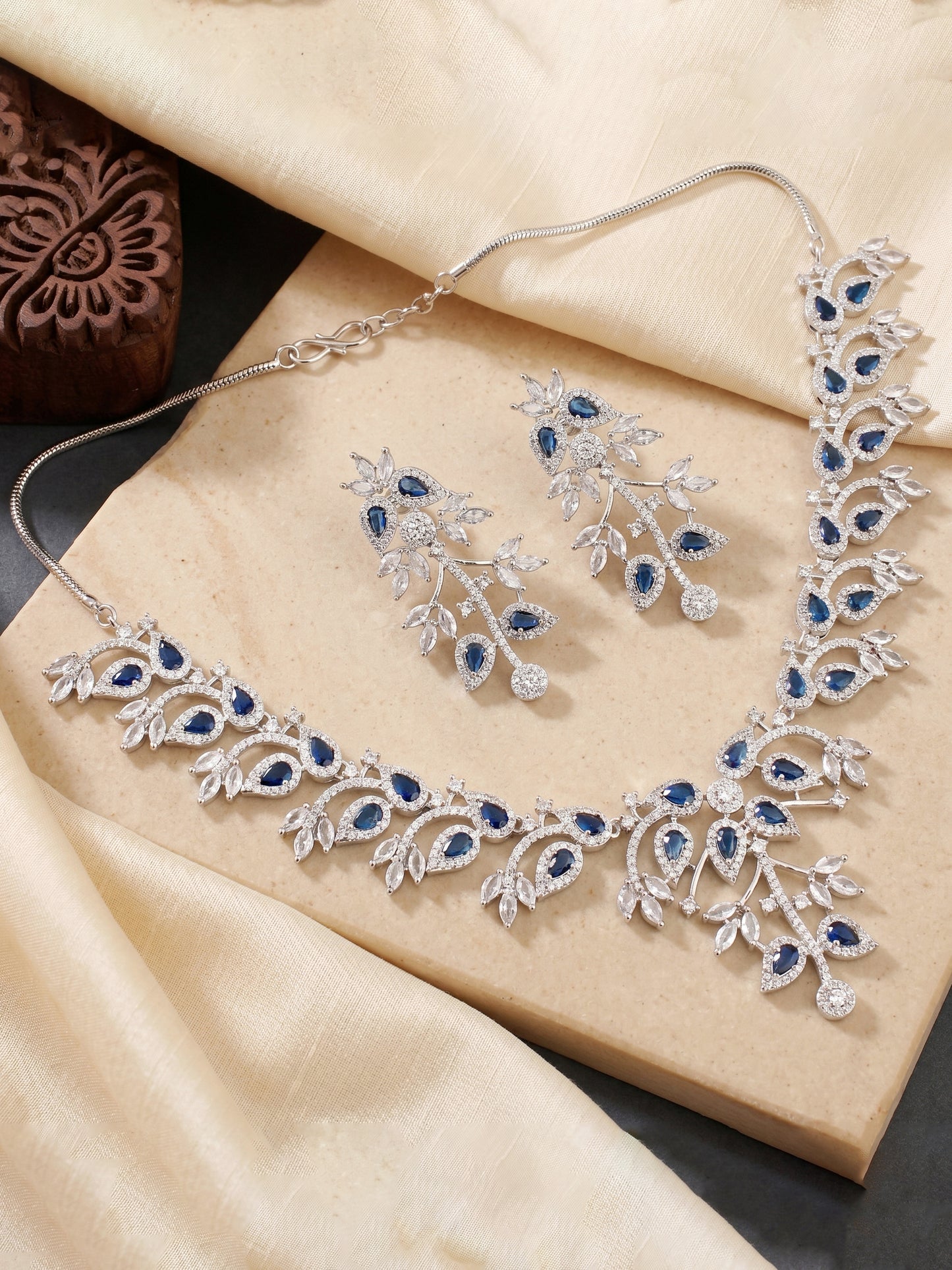Lucky Jewellery Silver-Tone Blue Stone & American Diamond Necklace Set with Earrings for Women – Office, Party & Function Wear (1948-K4SA-2241-B-S)