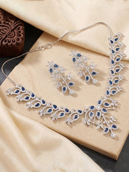 Lucky Jewellery Silver-Tone Blue Stone & American Diamond Necklace Set with Earrings for Women – Office, Party & Function Wear (1948-K4SA-2241-B-S)