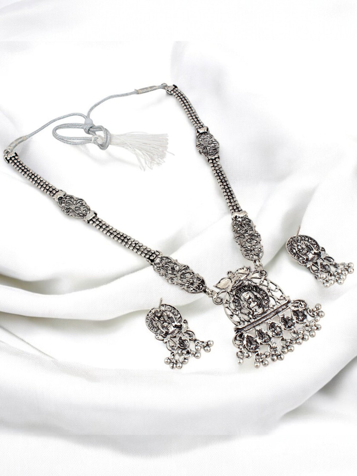 Oxidised Silver Goddess Laxmi Temple Jewellery Necklace Set with Earrings