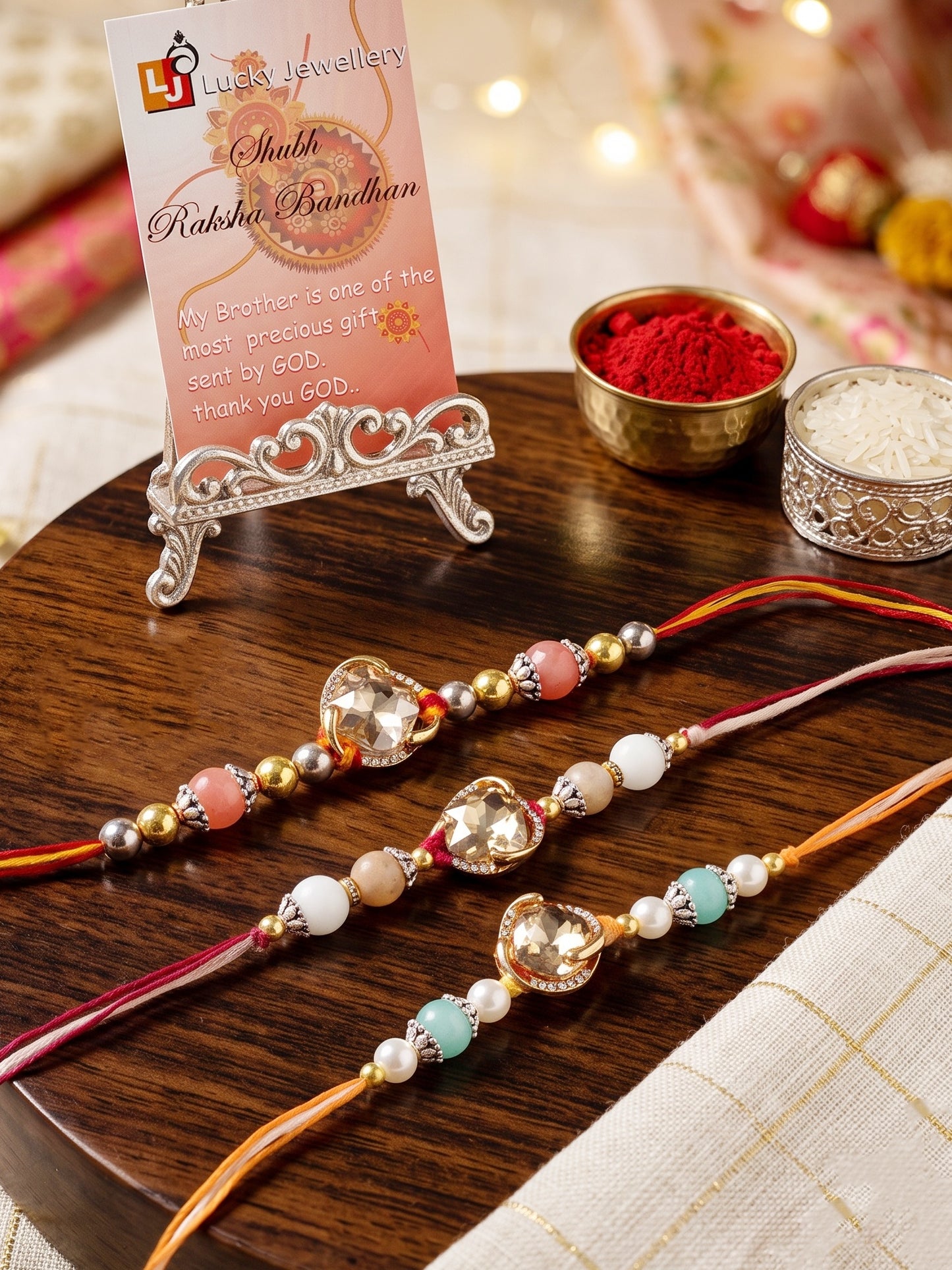 Set of 3 Designer Rakhis: Faceted Crystal Centerpiece & Multi Beads, Roli, Chawal & Card (300-CHR1-1002B-3-2026)