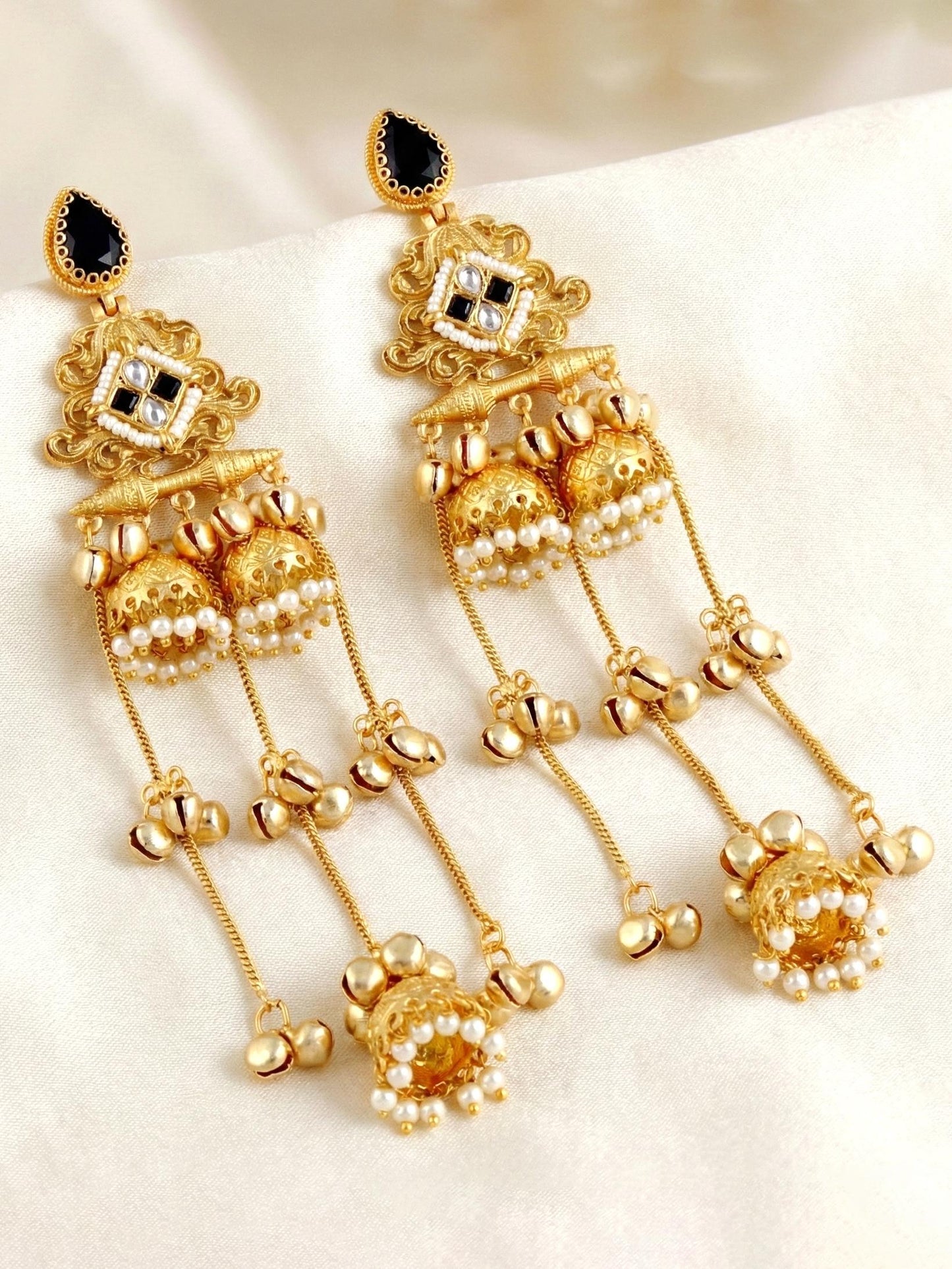 LUCKY JEWELLERY Gold Plated Kashmiri Earrings with Black Stones, Triple Jhumka with Long Ghungroo Chains for Girls & Women | Designer Earring Set | Birthday, Valentine & Anniversary Gift