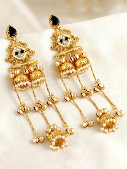 LUCKY JEWELLERY Gold Plated Kashmiri Earrings with Black Stones, Triple Jhumka with Long Ghungroo Chains for Girls & Women | Designer Earring Set | Birthday, Valentine & Anniversary Gift