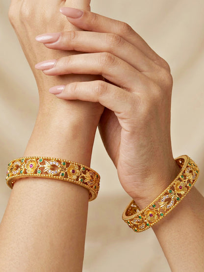 Gold-Plated Temple Floral AD Pink Green Bangle (816-C1BG-2204-2)