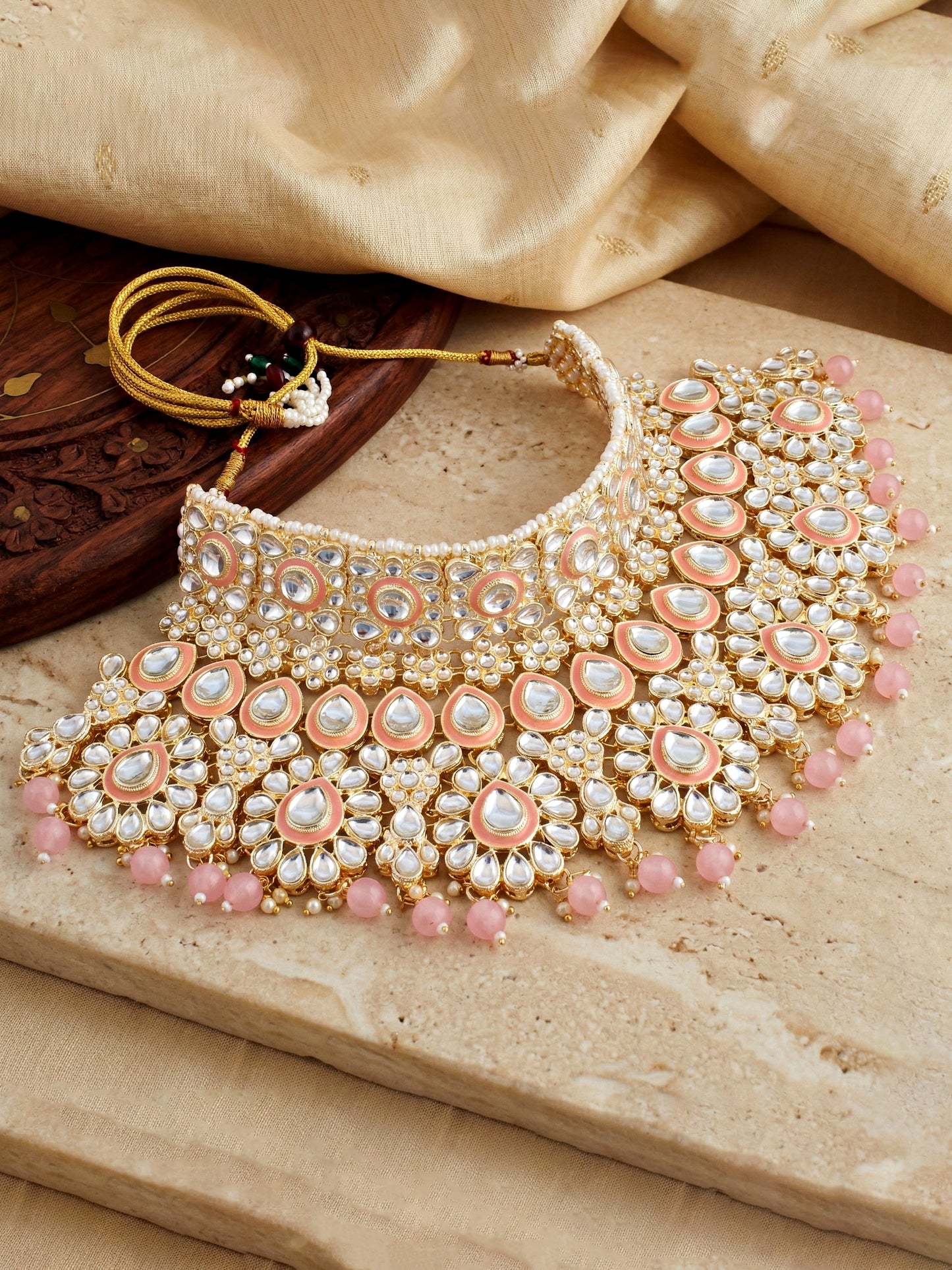 Bridal Kundan Pink Heavy Choker Jewellery Set with Hathphool & Nath (2640-IZK-551-PK)
