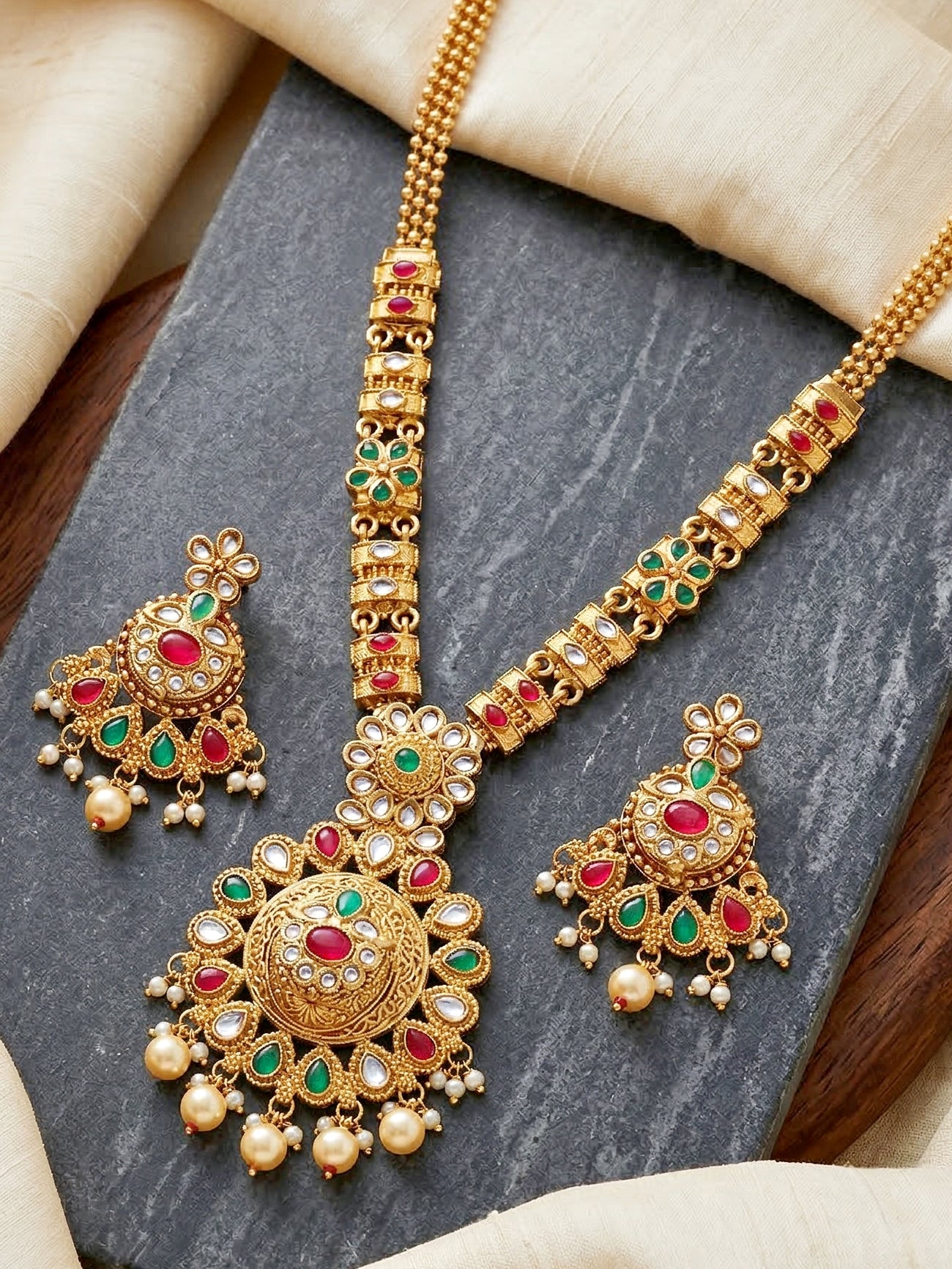Lucky Jewellery Gold-Plated Ruby & Green Color Long Necklace Set (732-G2SR-194-RG)