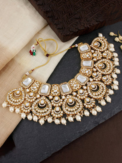 Bridal AD White Pearl Heavy Choker Jewellery Set with Sheesh Patti, Nath & Jhumka (3300-M8ZK-1106-W)