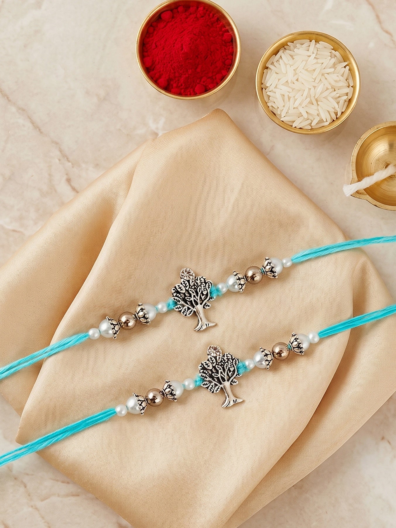 Set of 2 Silver Tree of Life Rakhi for Brother with White Beads, Roli Chawal & Card (72-JPR1-1958-S-2-2026)