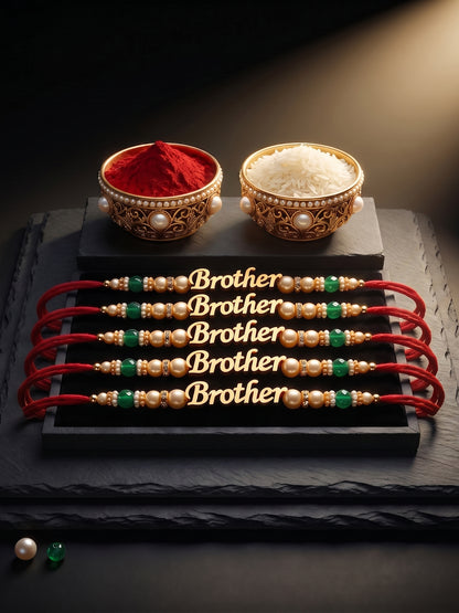 Set of 5 Brother Pendant Rakhi with Green & Smooth White Beads, Roli Chawal & Card (120-CHR1-1964-5-2026)