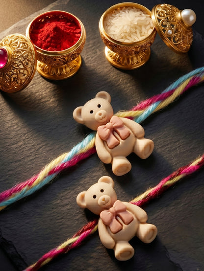Set of 4 Small Teddy Bear Pendant Rakhi for Kids with Colorful Braided Thread, Roli Chawal & Card (130-CHR1-1948-4-2026)