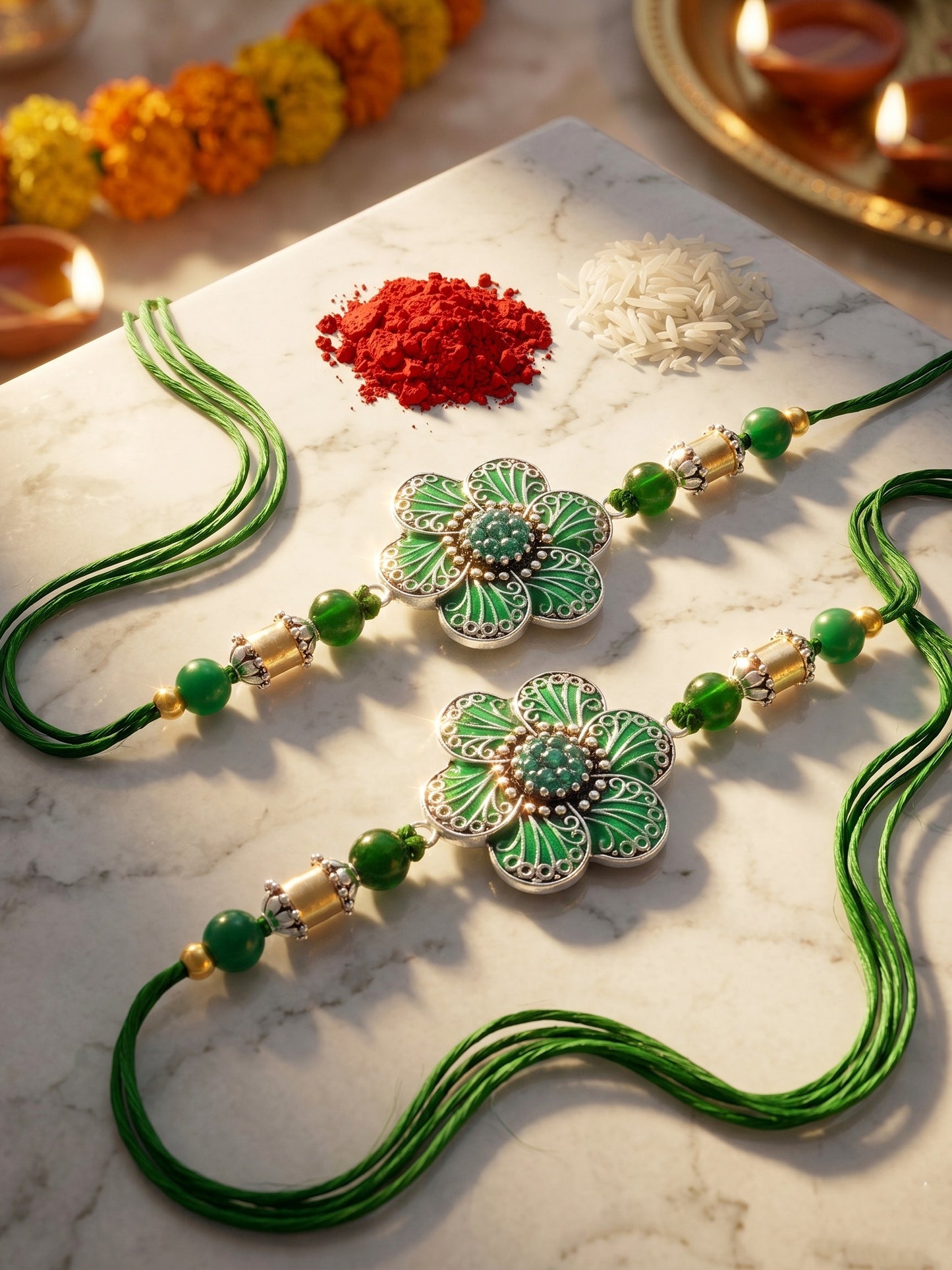 Set of 2 Green Floral Rakhi for Brother with Beads, Gold Accents, Roli & Chawal & Card (106-CHR1-1967-G-S-2-2026)