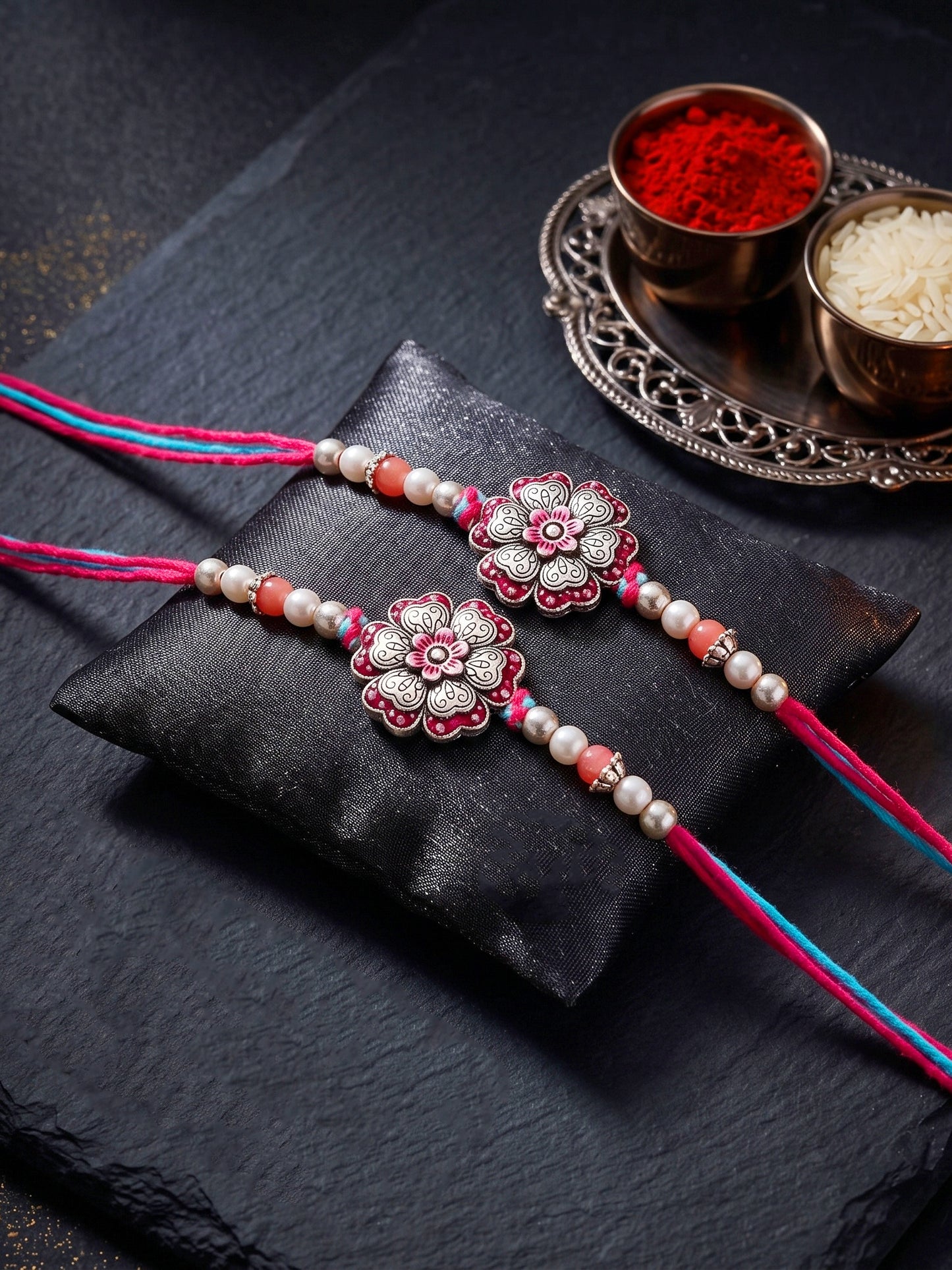Set of 2 Magenta Floral Rakhi for Brother with pink Accents, Beads, Roli Chawal & Card (108-CHR1-1966-R-S-2-2026)
