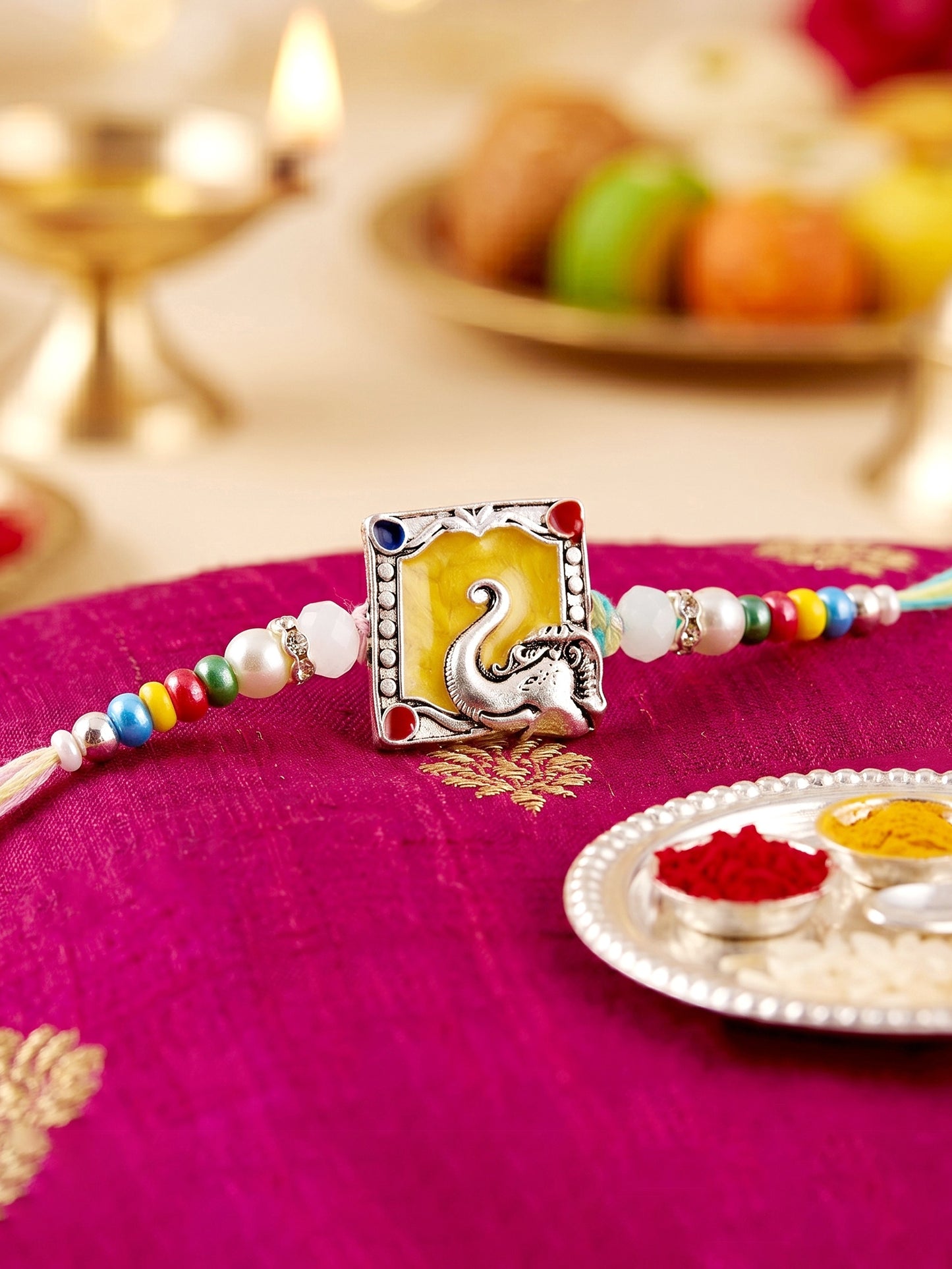 Lord Ganesha Silver-Finish Yellow Enamel Beaded Rakhi For Brother | Rakhi With Roli Chawal, Card (132-S5R1-AR2769)