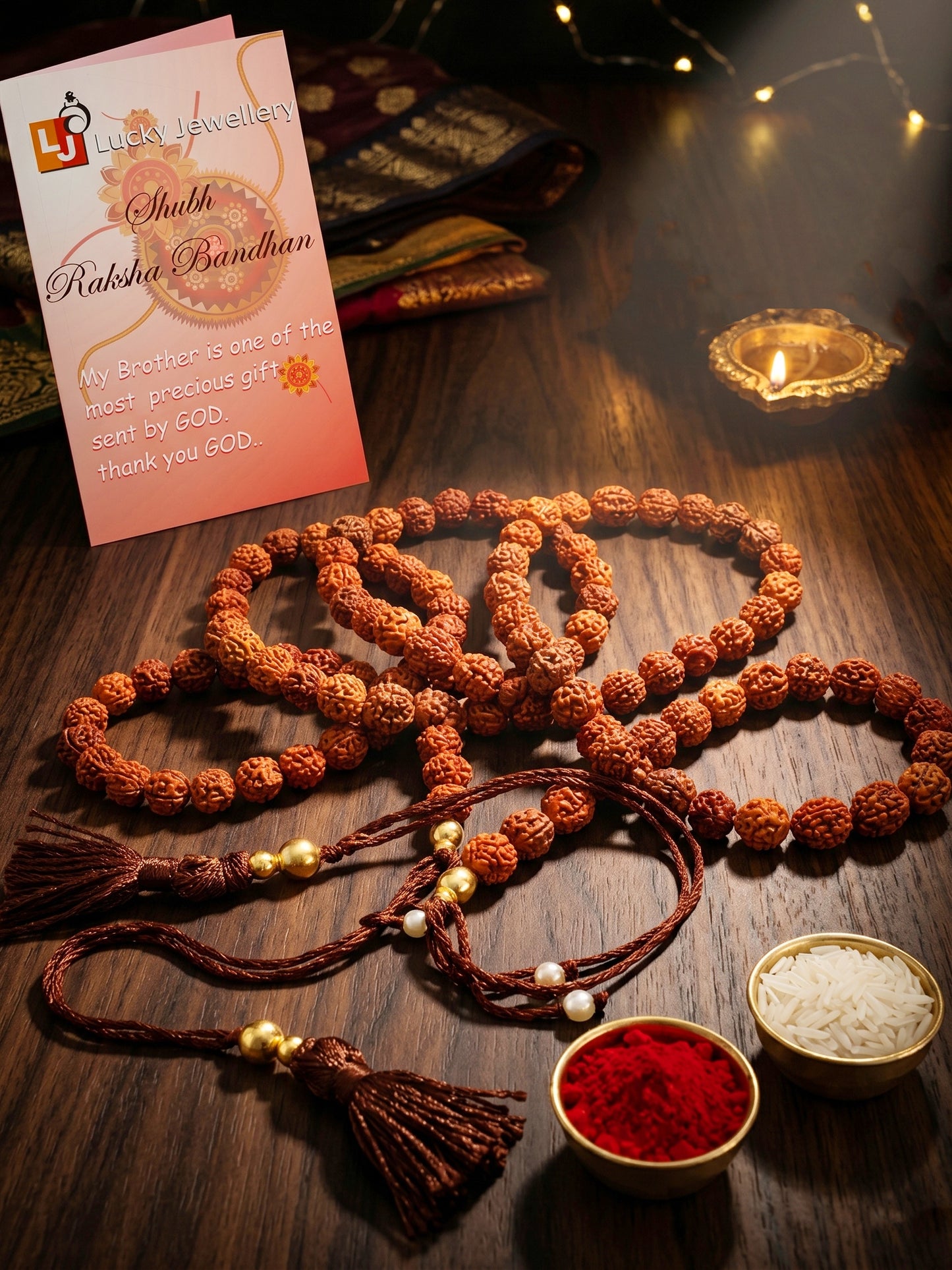 Traditional Rudraksha Rakhi for Brother. Spiritual Bead with Tassels, Roli, Chawal & Card (528-RRR1-1989-1-2026)