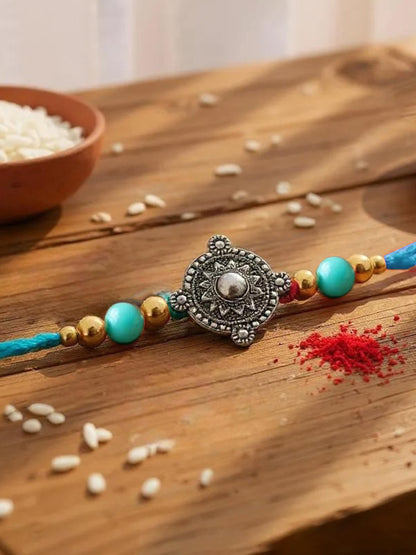 Lucky Jewellery Designer Oxidised Silver Rakhi - Rakshabandhan Rakhee Bracelet for Brother/Bhaiya/Bhai/Bhabhi - Pack of 2 (84-JPR1-1962-S-2)