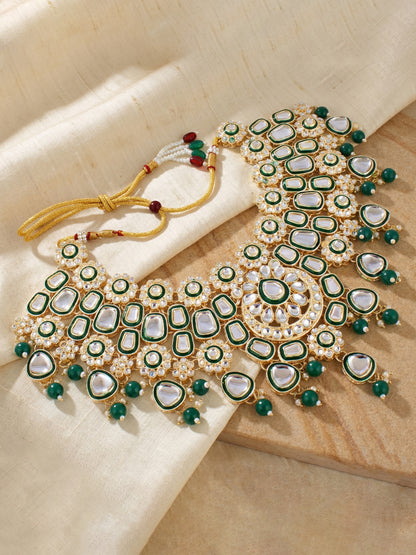 Bridal Kundan Green Choker Jewellery Set with Hathphool & Nath (2541-IZK-554-G)
