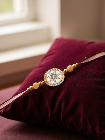 Lucky Jewellery Designer Gold Plated White and Peach Meena Stone Rakhi - Rakshabandhan Rakhee with Tasseled Lumba Bracelet for Brother Bhaiya Bhai Bhabhi - Pack of 2 (325-CHCR1-1152-W-2)