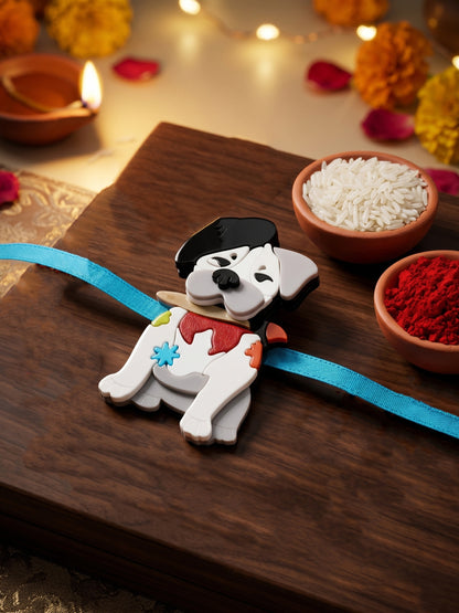 Kids Rakhi for Little Brother, Cute Cartoon Dog Acrylic Charm on Soft Blue Ribbon, Roli, Chawal (425-CHR1-1194-1-2026)