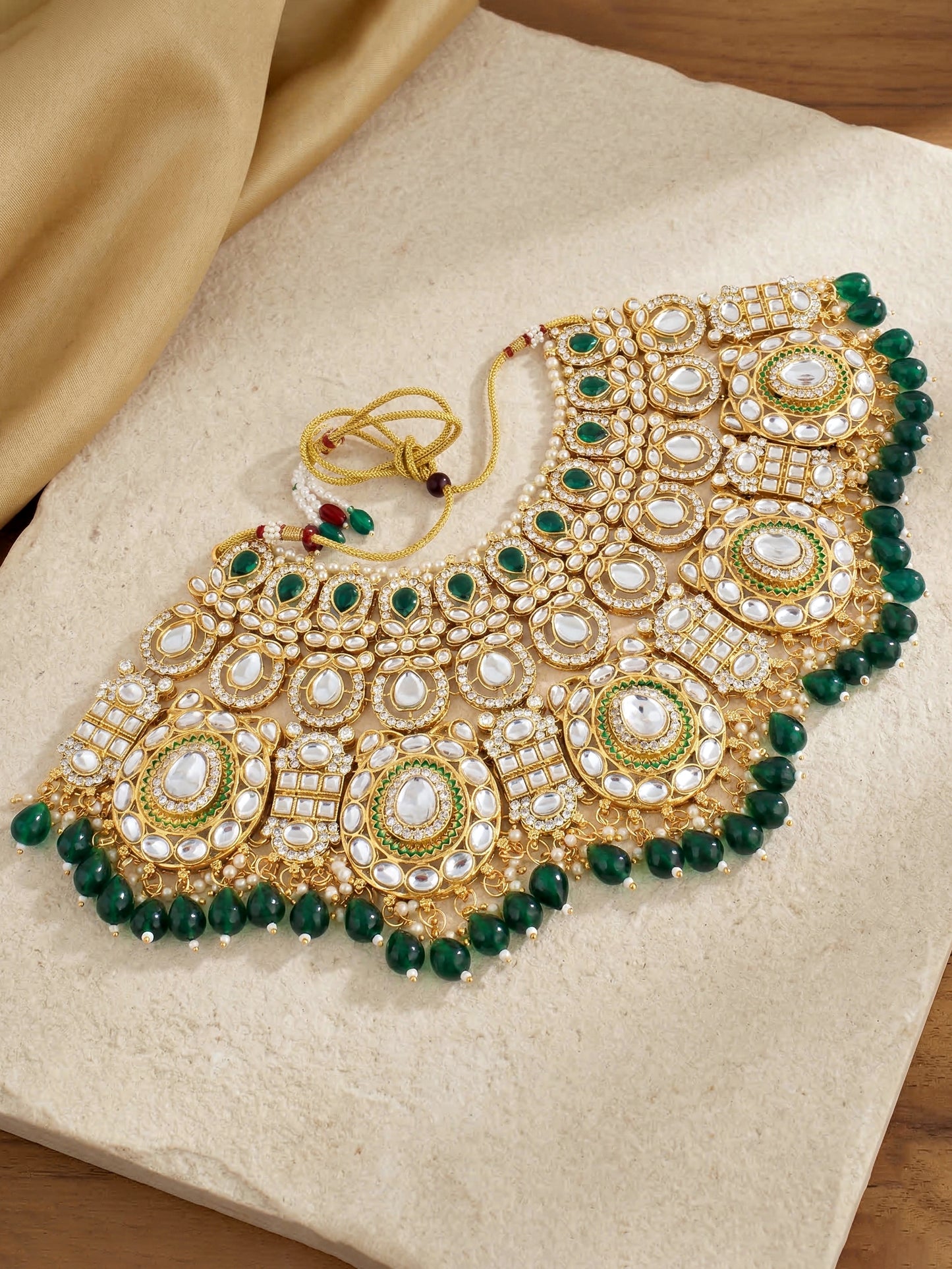 Bridal AD Green Stone Heavy Choker Jewellery Set with Sheesh Patti, Nath & Jhumka (3300-M8ZK-1103-G)