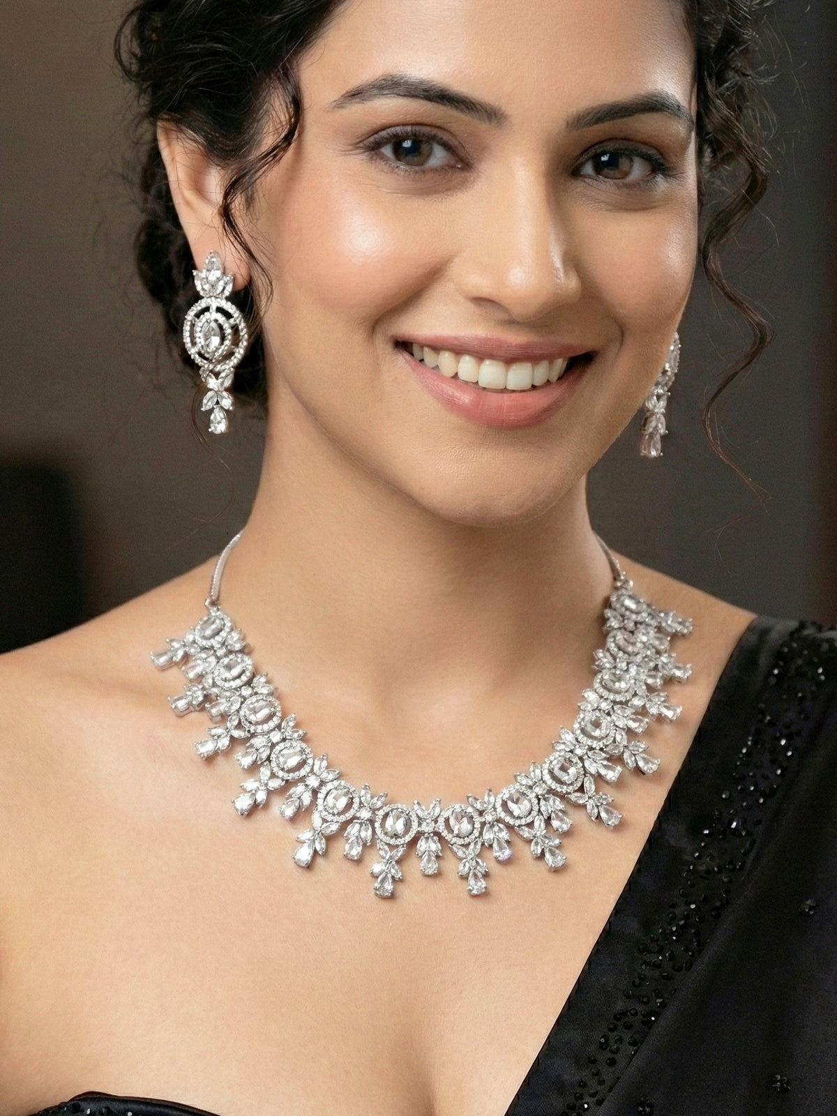 Silver-Tone White Stone & American Diamond Necklace Set with Earrings for Women – Office, Party & Function Wear (1717-K4SA-2242-W-S)