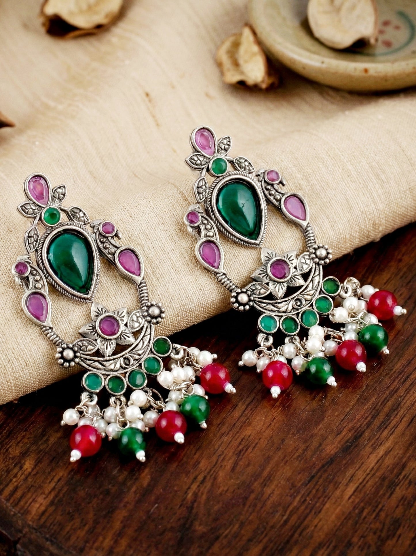 LUCKY JEWELLERY Oxidised Silver Green Stone Chandelier Earrings with Magenta & Green Beads For Girls & Women | Antique Silver Earing Set | Birthday Gift Earrings Valentine Anniversary