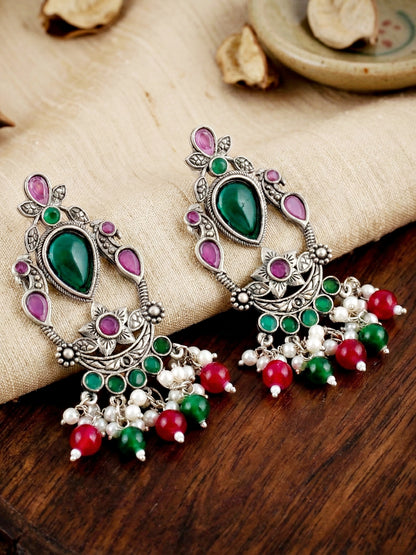 LUCKY JEWELLERY Oxidised Silver Green Stone Chandelier Earrings with Magenta & Green Beads For Girls & Women | Antique Silver Earing Set | Birthday Gift Earrings Valentine Anniversary