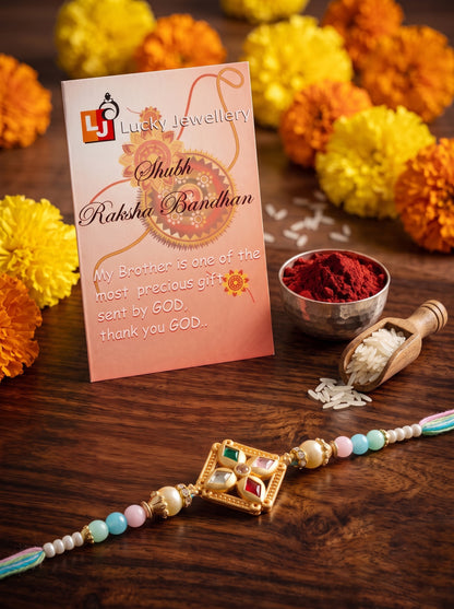 Designer Multi-Color Floral Stone Rakhi for Brother | Pastel Beaded Raksha Bandhan with Roli Chawal (49-S7R1-YO2118)