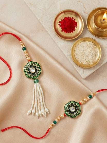 Set of 2 Bhaiya Bhabhi Rakhi Set with Floral Pendant, Green & Golden Beads,Tassel Lumba,Roli Chawal (130-JPCR1-1853-G-2-2026)