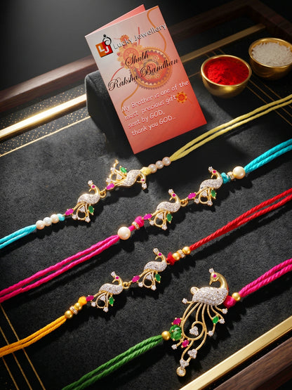 Set of 5 Designer Gold-Toned Peacock Rakhi Set for Brother & Bhabhi, Roli, Chawal & Card (680-P4R1-1544-5-2026)