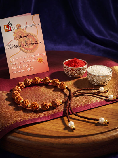 Traditional Rudraksha Rakhi for Brother with Gold, Warm Beads, Roli Chawal & Card (102-RRR1-1987-1-2026)