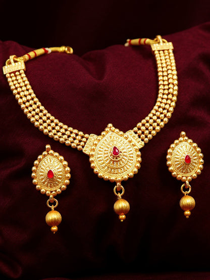 Gold Plated Traditional Double Necklace Set with Earrings For Women & Girls